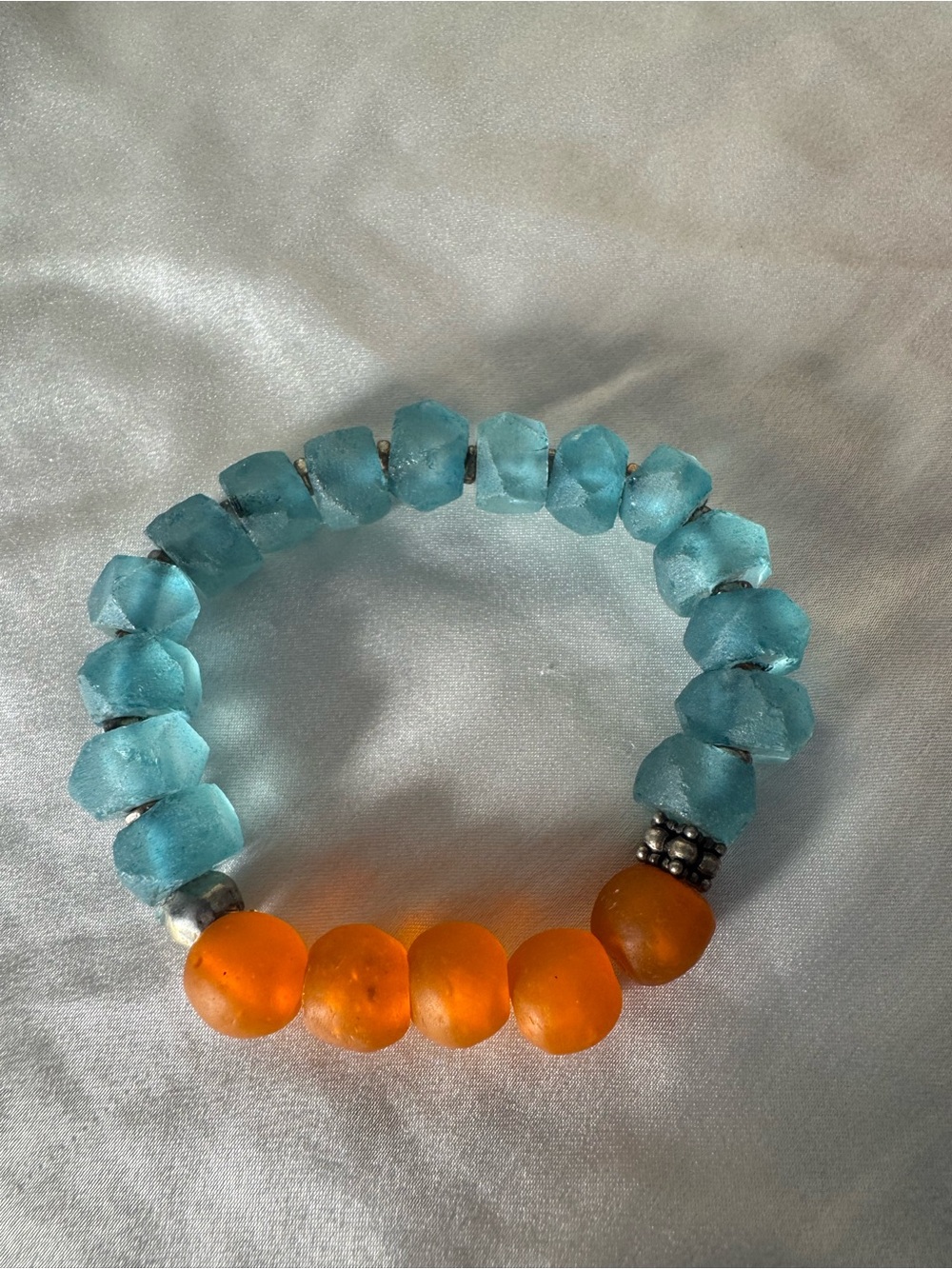 Handcrafted Teal Blue and Orange Beaded Stretch Bracelet